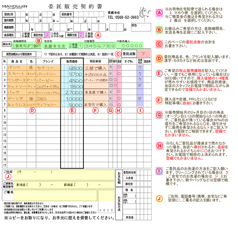 委託販売契約書 記入のしかた